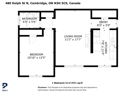 Floor plan for 1 bed, 1 bath, 571 sqft